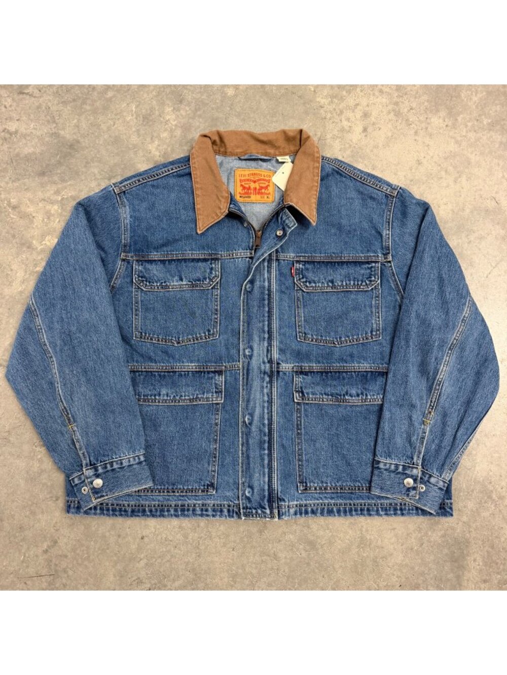 Levis Mens Relaxed Fit Chore Denim Jacket With Brown Collar XL